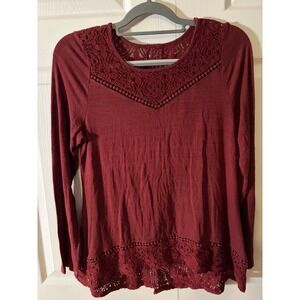 Tru Self Burgundy Crochet Lace Trim Slub Knit Long Sleeve Top Womens Medium